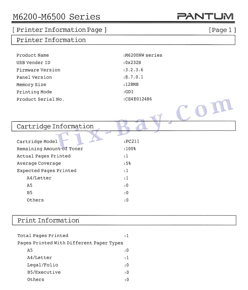 Отчёт Printer Information Page M6200NW M6202NW M6200 Series