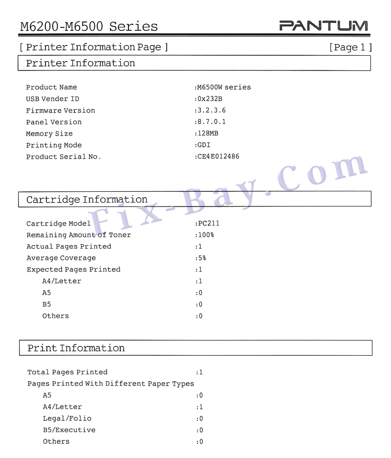 Отчёт Printer Information Page M6500 Series