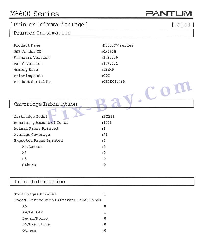 Отчёт Printer Information Page M6600NW Series