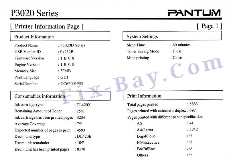 Отчёт Printer Information Page P3020D